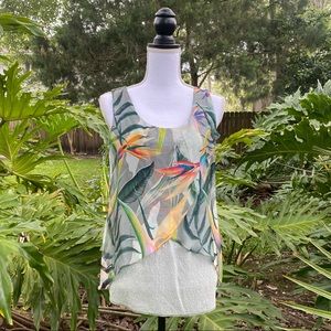 Belle France sleeveless top palms bird of paradise soft sequins on bottom half